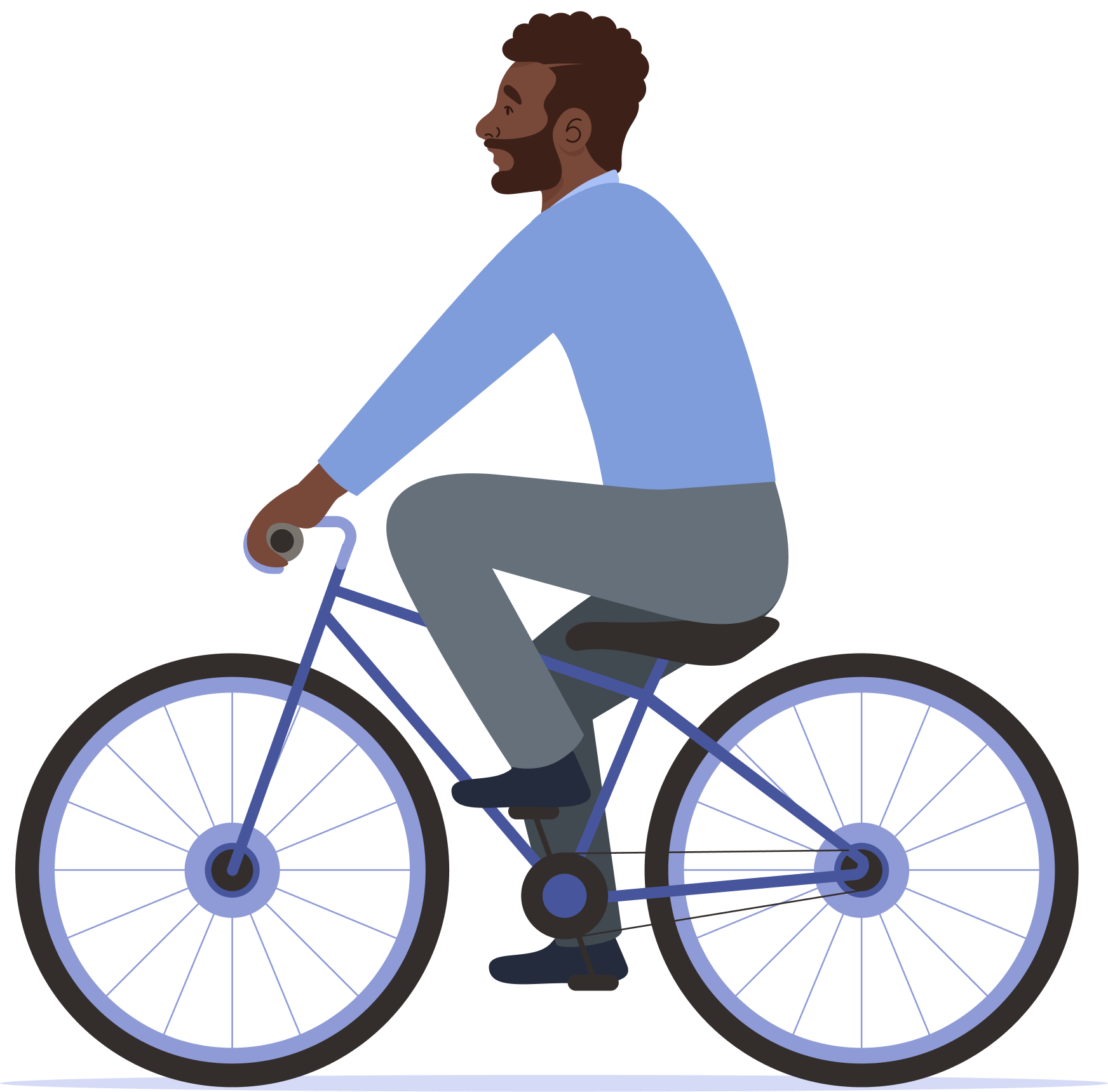 Man riding a bicycle, sitting upright and pedaling along a flat path