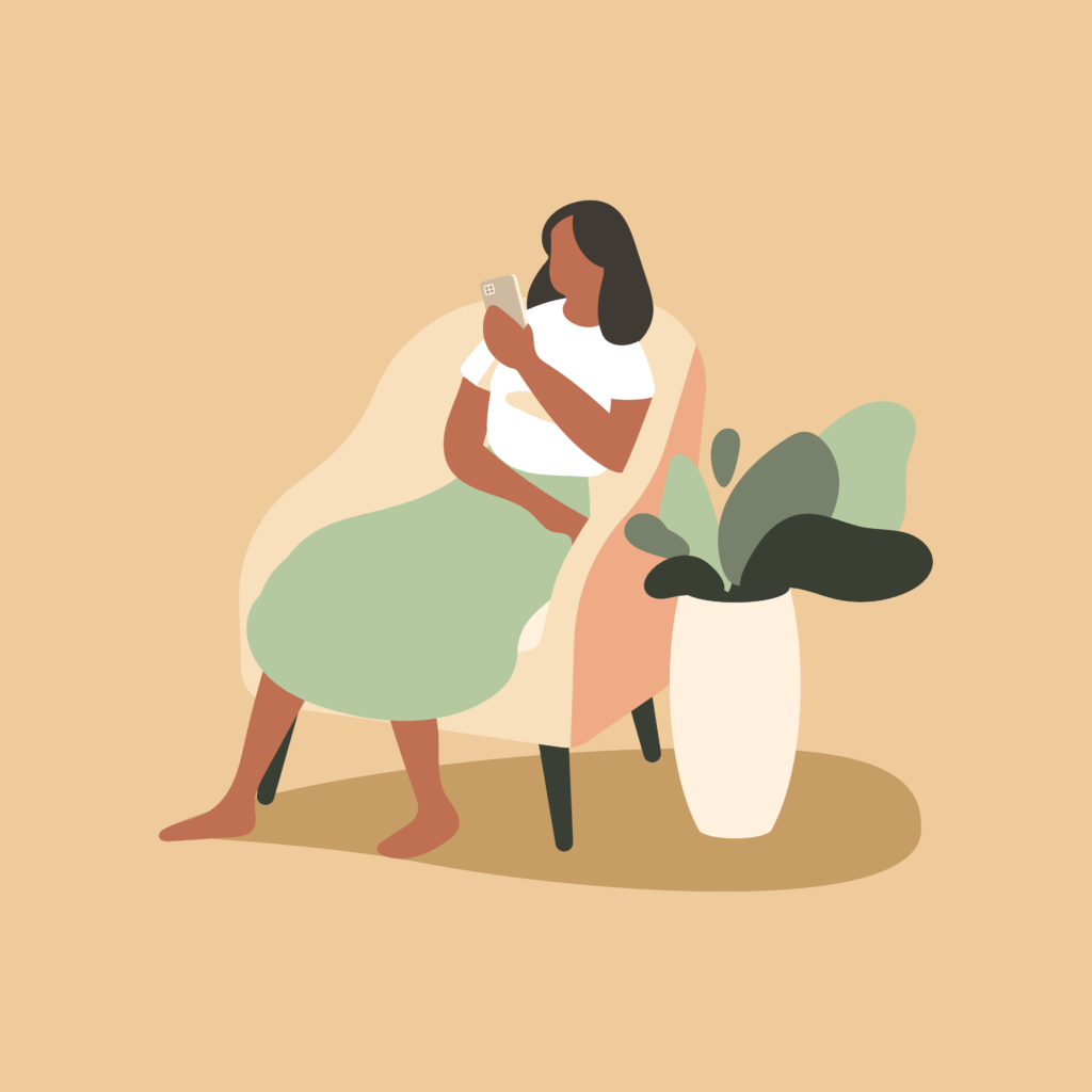 illustration of a woman sitting in a chair with a phone in hand